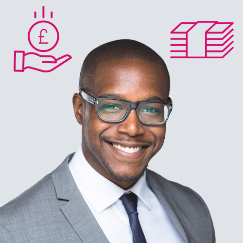 Young man with money icons and hand overhead