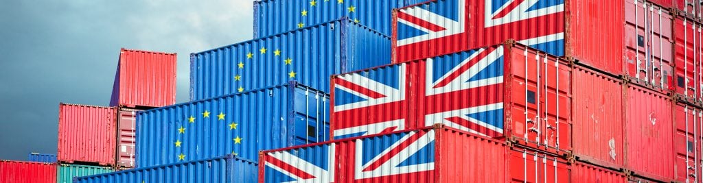 Containers with British and Europen Union flags