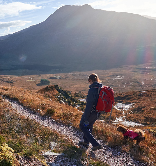 Woman with a dog on a mountain trail