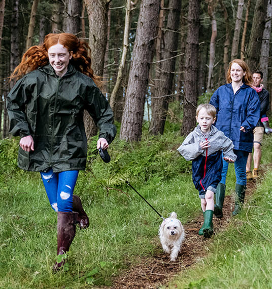 A family with a dog is walking in the forest