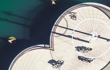 Bird's-eye view of bicycles near water