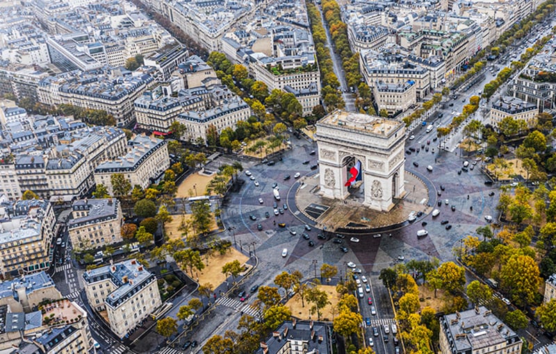 Aerial view of L'Arc de Triomphe and buildings in Paris