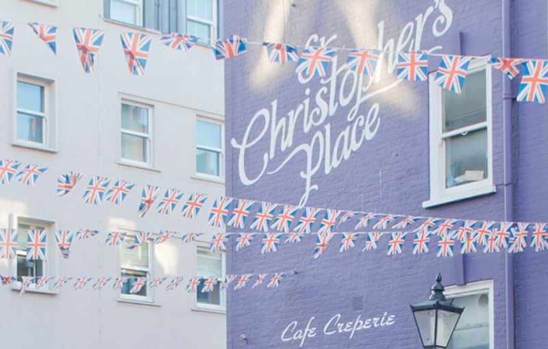 Colourful buildings with Union Jack bunting
